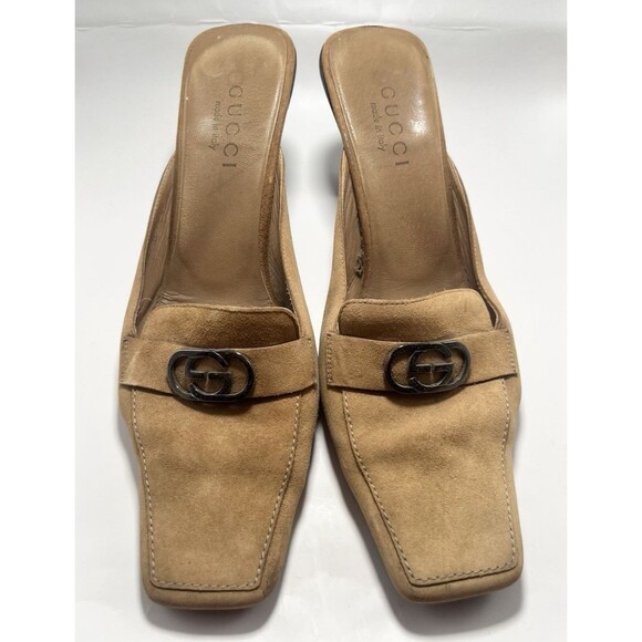GUCCI Mules Tan Suede Kitten Heels GG Logo Slip On Vintage TOM FORD Era Sz 37 7 - Picture 5 of 16